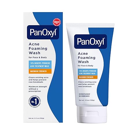 PanOxyl 10% Benzoyl Peroxide Acne Foaming Wash – Maximum Strength Face & Body Cleanser, 5.5 oz