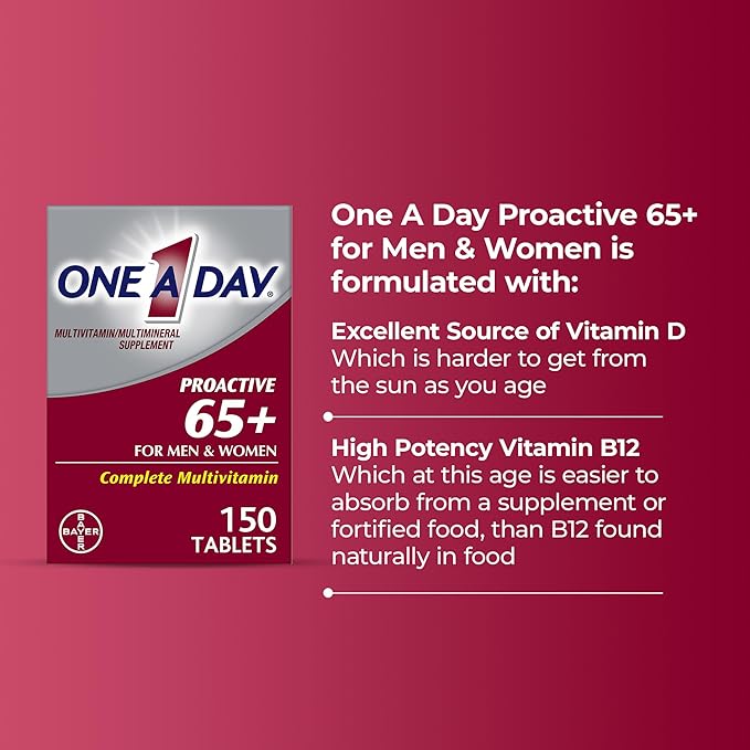 One A Day Proactive 65+ Multivitamin – Men & Women, 150 Tablets, Supports Bone & Cell Health with Vitamins A, C, D, Zinc, Calcium & Folic Acid