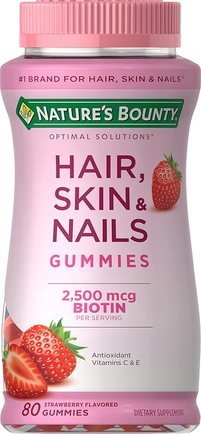 Nature's Bounty Optimal Solutions Hair, Skin & Nails Vitamin Gummies with Biotin, 2500 mcg, Strawberry, 80 Count, 40 Total Servings Main image