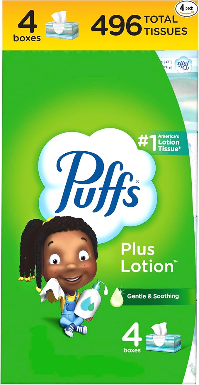 Puffs Plus Lotion Facial Tissues, 4 Family Boxes, 124 tissues per box Main image