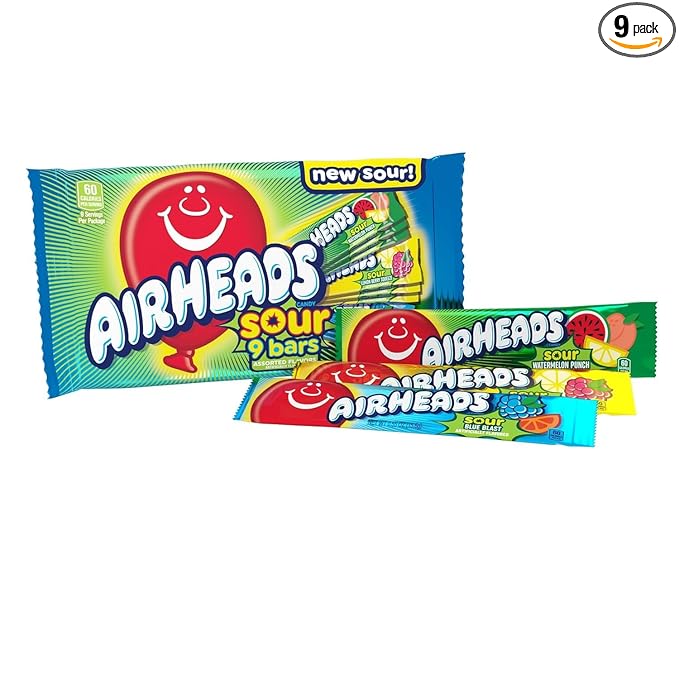 Airheads SOUR Candy Bars, Sour Watermelon Punch, Blue Blast, Lemon Berry Squeeze, 9 Bar Movie Theater Box Main image