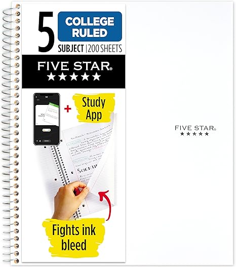 Five Star Spiral Notebook + Study App, 5 Subject, College Ruled Paper, 8-1/2" x 11", 200 Sheets, Fights Ink Bleed, Water Resistant Cover