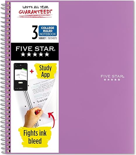 Five Star Spiral Notebook + Study App, 3 Subject, College Ruled Paper, 8-1/2" x 11", 150 Sheets, Fights Ink Bleed, Water Resistant Cover