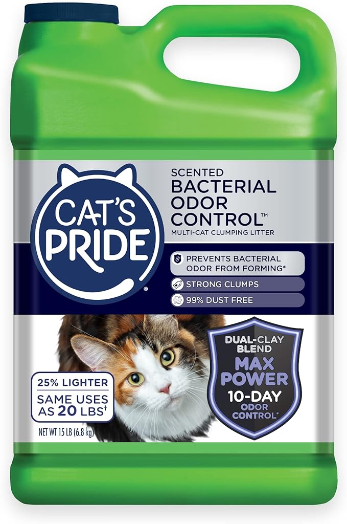 Cat's Pride Max Power: Bacterial Odor Control - Up to 10 Days of Powerful Odor Control - Strong Clumping - 99% Dust Free - Multi-Cat Litter, 15 Pounds