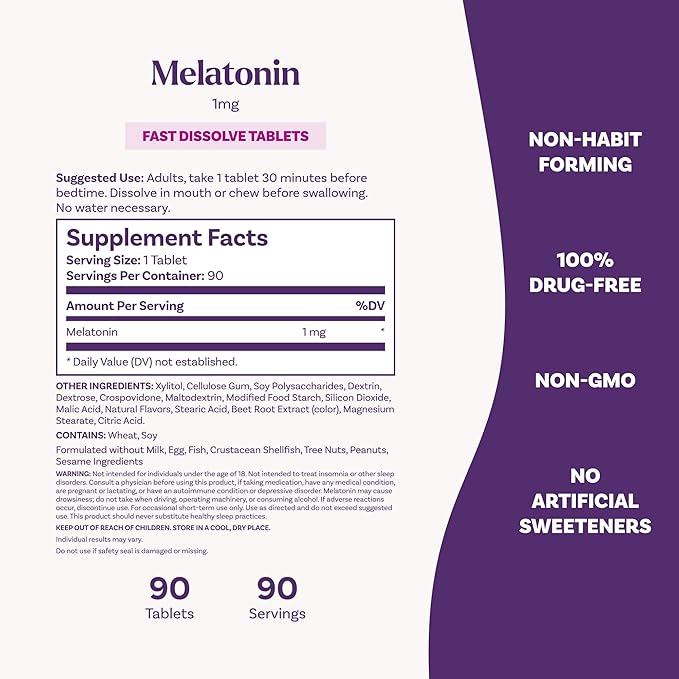 Natrol Fast Dissolve Melatonin 1 mg, Sleep Support for Adults