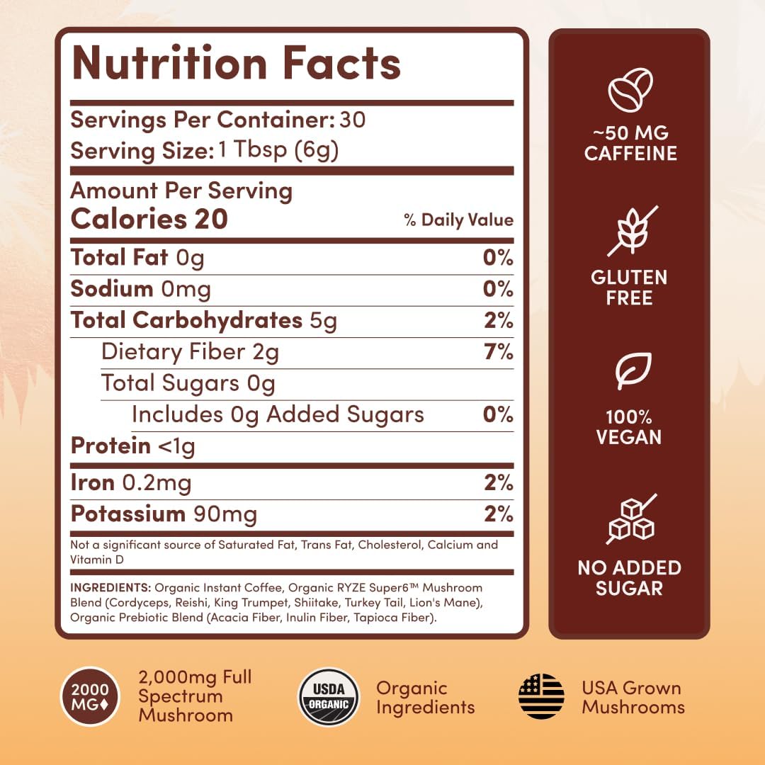 Organic Mushroom Coffee Blend with 6 Adaptogenic Mushrooms & MCT Oil (30 Servings)
