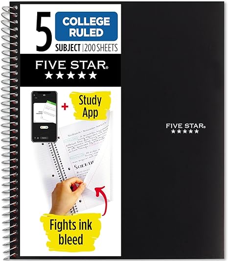 Five Star Spiral Notebook + Study App, 5 Subject, College Ruled Paper, 8-1/2" x 11", 200 Sheets, Fights Ink Bleed, Water Resistant Cover
