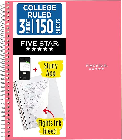 Five Star Spiral Notebook + Study App, 3 Subject, College Ruled Paper, 8-1/2" x 11", 150 Sheets, Fights Ink Bleed, Water Resistant Cover