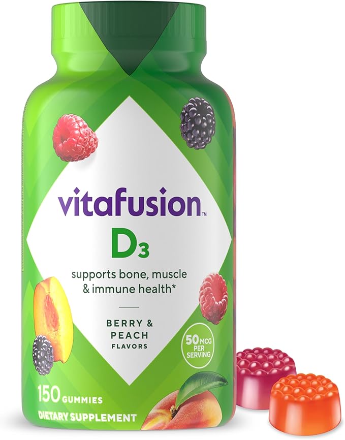 vitafusion Vitamin D3 Gummies, Bone and Immune Support, Peach, Blackberry, Strawberry Flavored, 50 mcg D3 Gummy Vitamin Supplement, 75 Day Supply, 150 Count