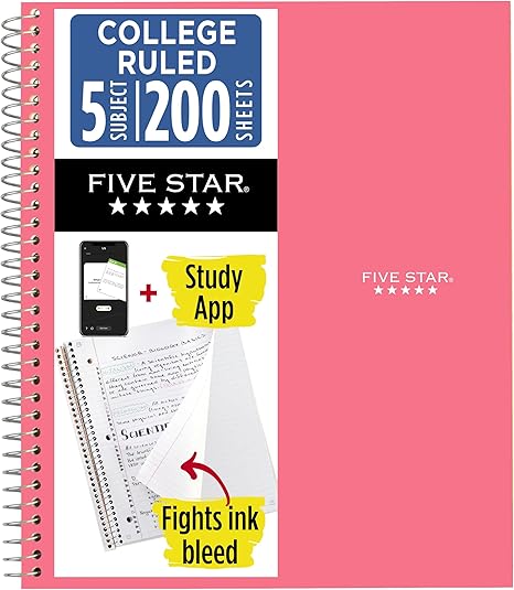 Five Star Spiral Notebook + Study App, 5 Subject, College Ruled Paper, 8-1/2" x 11", 200 Sheets, Fights Ink Bleed, Water Resistant Cover