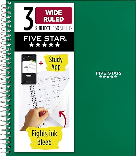 Five Star Spiral Notebook + Study App, 3 Subject, Wide Ruled Paper, 8" x 10-1/2", 150 Sheets, Fights Ink Bleed, Water Resistant Cover Main image