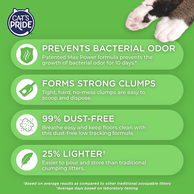 Cat's Pride Max Power: Bacterial Odor Control - Up to 10 Days of Powerful Odor Control - Strong Clumping - 99% Dust Free - Multi-Cat Litter, 15 Pounds