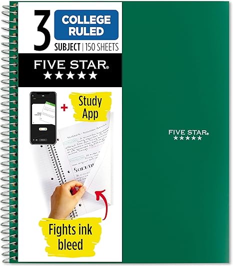 Five Star Spiral Notebook + Study App, 3 Subject, College Ruled Paper, 8-1/2" x 11", 150 Sheets, Fights Ink Bleed, Water Resistant Cover