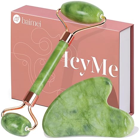 BAIMEI IcyMe Facial Roller & Gua Sha Set – Jade & Ice Tools for Puffiness, Redness, Skin Care, Self-Care Gift for Men & Women (Green)