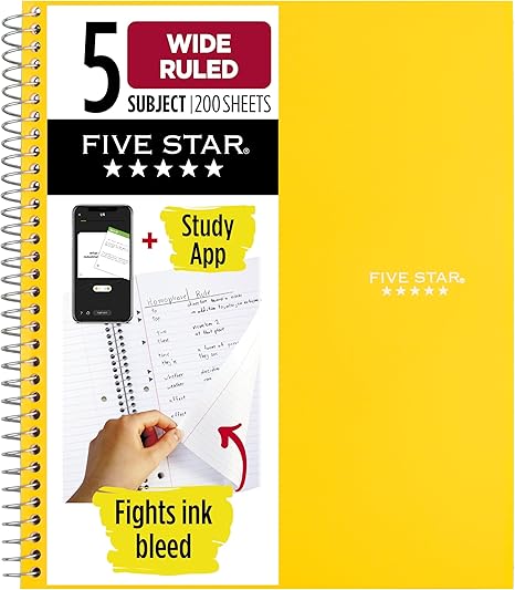 Five Star Spiral Notebook + Study App, 5 Subject, Wide Ruled Paper, 8" x 10-1/2", 200 Sheets, Fights Ink Bleed, Water Resistant Cover