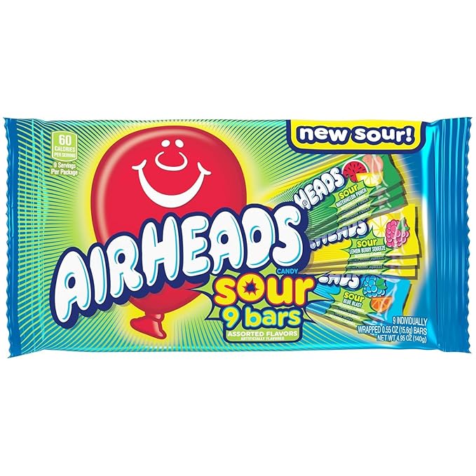 Airheads SOUR Candy Bars, Sour Watermelon Punch, Blue Blast, Lemon Berry Squeeze, 9 Bar Movie Theater Box