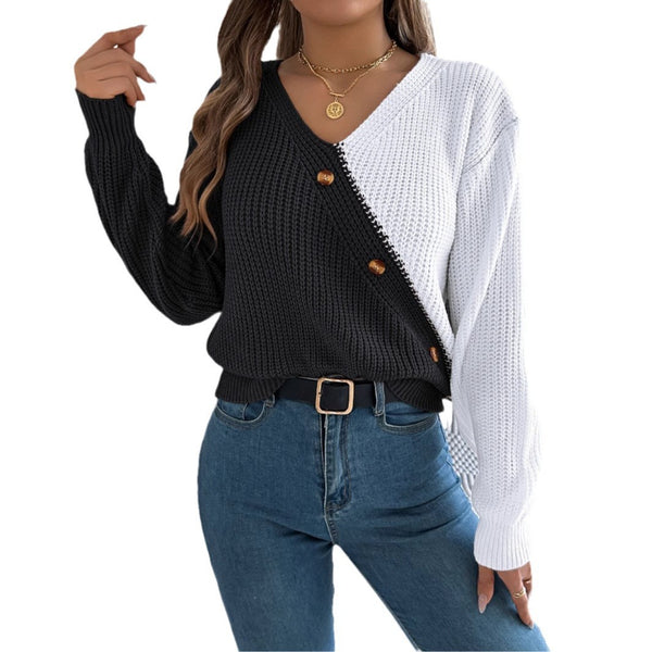 Casual V-neck Button Contrast Color Lantern Sleeve Pullover Sweater