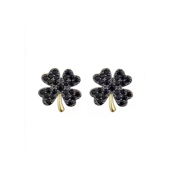 Simple Black Alloy Four Leaf Clover Ear Stud