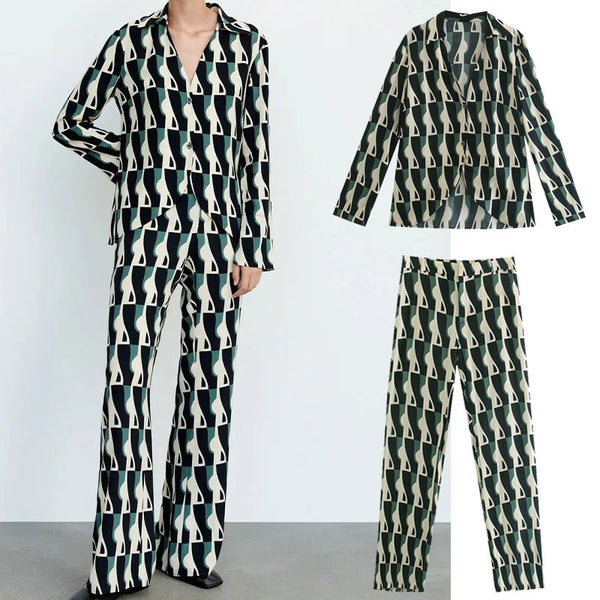 Loose Blouse Geometric Print Flared Pants Suit