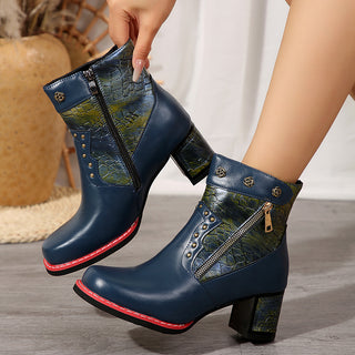 Buy blue Autumn Winter Retro Stitching Chunky Heel High Heel Short Martin Boots