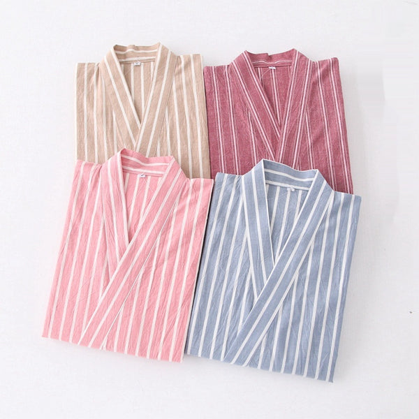 Cotton Washed Pajamas Suit Thin Striped Men's And Women's Japanese Couple Kimono Trousers Homewear Suit