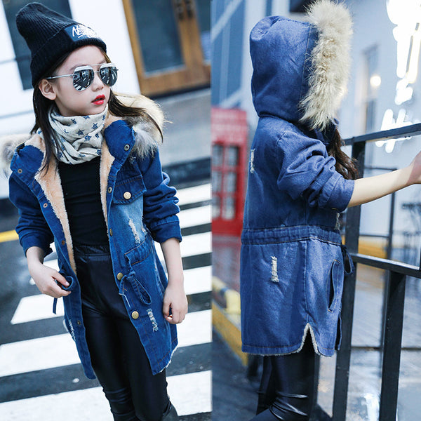 Denim trench coat with velvet padded waist