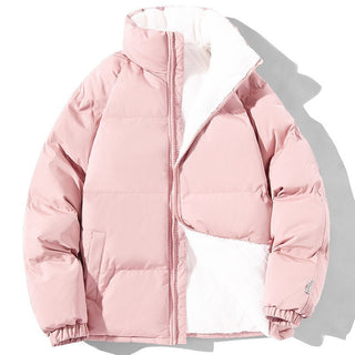 Buy pink Couples Stand-up Collar Coat With Pockets Fashion Winter Warm Plush Thickened Jacket For Women Men Loose Outwear Top Clothing