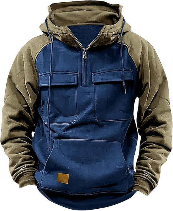 Men's Half Zipper Solid Warm Fleece Sweatshirts Multi Pockets Hooded Jackets