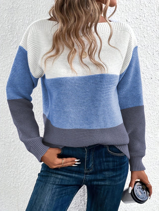 Buy blue Pullover Knitted Sweater Fashion Round Neck Splicing Knitwear Loose Top Women&#39;s Clothing