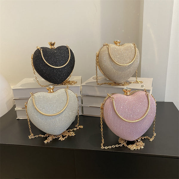 Heart Shape Metal Clutches Bag Fashion Chain Shoulder Crossbody Bag Luxury Lady Purse