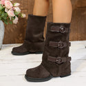 Women Vintage Suede Belt Buckle Pantyhose Boots