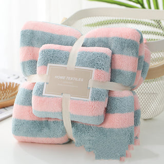 Buy pink-blue Striped Coral Fleece Soft Towels Suit Soft Skin-friendly Home Wear Blanket Velvet Fabric