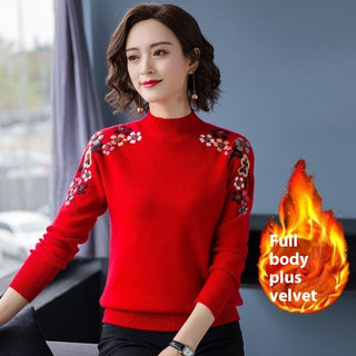 Buy red-add-velvet Women&#39;s New Loose High Collar Bottoming Shirt