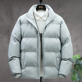 Buy light-blue Winter Stand-collar Cotton Coat Couple Casual Warm Plus Velvet Thicken Solid Color Jacket