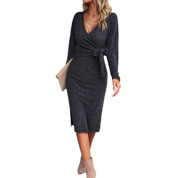 Autumn And Winter V-neck Long Sleeve Knitted Tied Dress