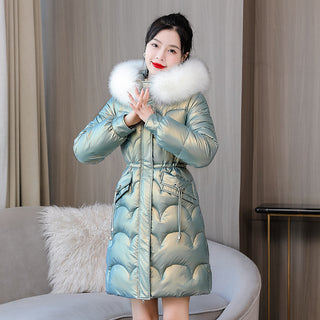 Buy 5168-green Glossy Women&#39;s Mid-length Thickened Warm Slim-fit Figure Flattering Fur Collar Cotton Clothes