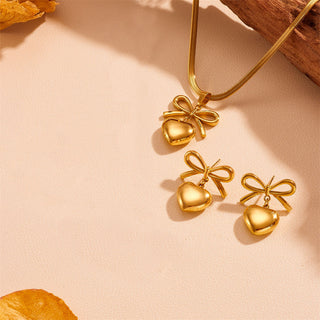 Buy golden-suit Stainless Steel Peach Heart Bow Necklace Ear Stud Ornament Suit