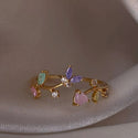 Retro Multi-element Cute And Sweet Pink Heart-shaped Butterfly Flower Open Ring