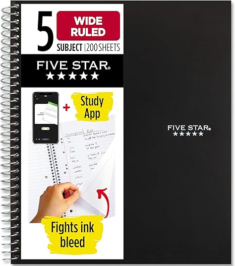 Five Star Spiral Notebook + Study App, 5 Subject, Wide Ruled Paper, 8" x 10-1/2", 200 Sheets, Fights Ink Bleed, Water Resistant Cover Secondary image