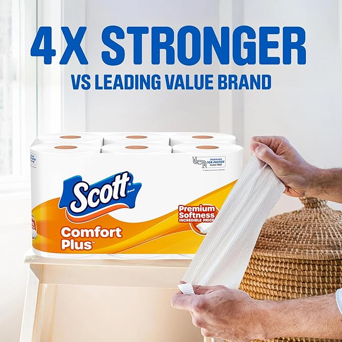 Scott ComfortPlus Toilet Paper, 12 Double Rolls, 231 Sheets per Roll, 1-Ply Toilet Tissue
