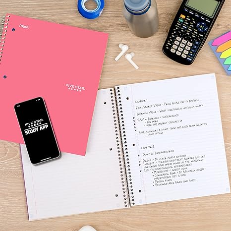 Five Star Spiral Notebook + Study App, 5 Subject, College Ruled Paper, 8-1/2" x 11", 200 Sheets, Fights Ink Bleed, Water Resistant Cover