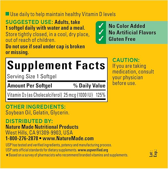 Nature Made Vitamin D3 1000 IU – Bone, Muscle & Immune Support, 300 Softgels