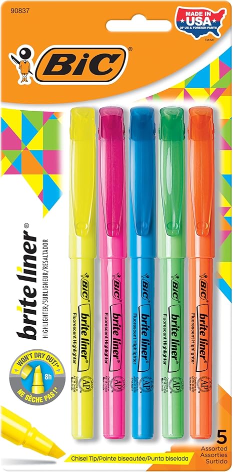 BIC Brite Liner Highlighters, Chisel Tip, 5-Count Pack of Highlighters Assorted Colors, Ideal Highlighter Set for Organizing and Coloring Main image