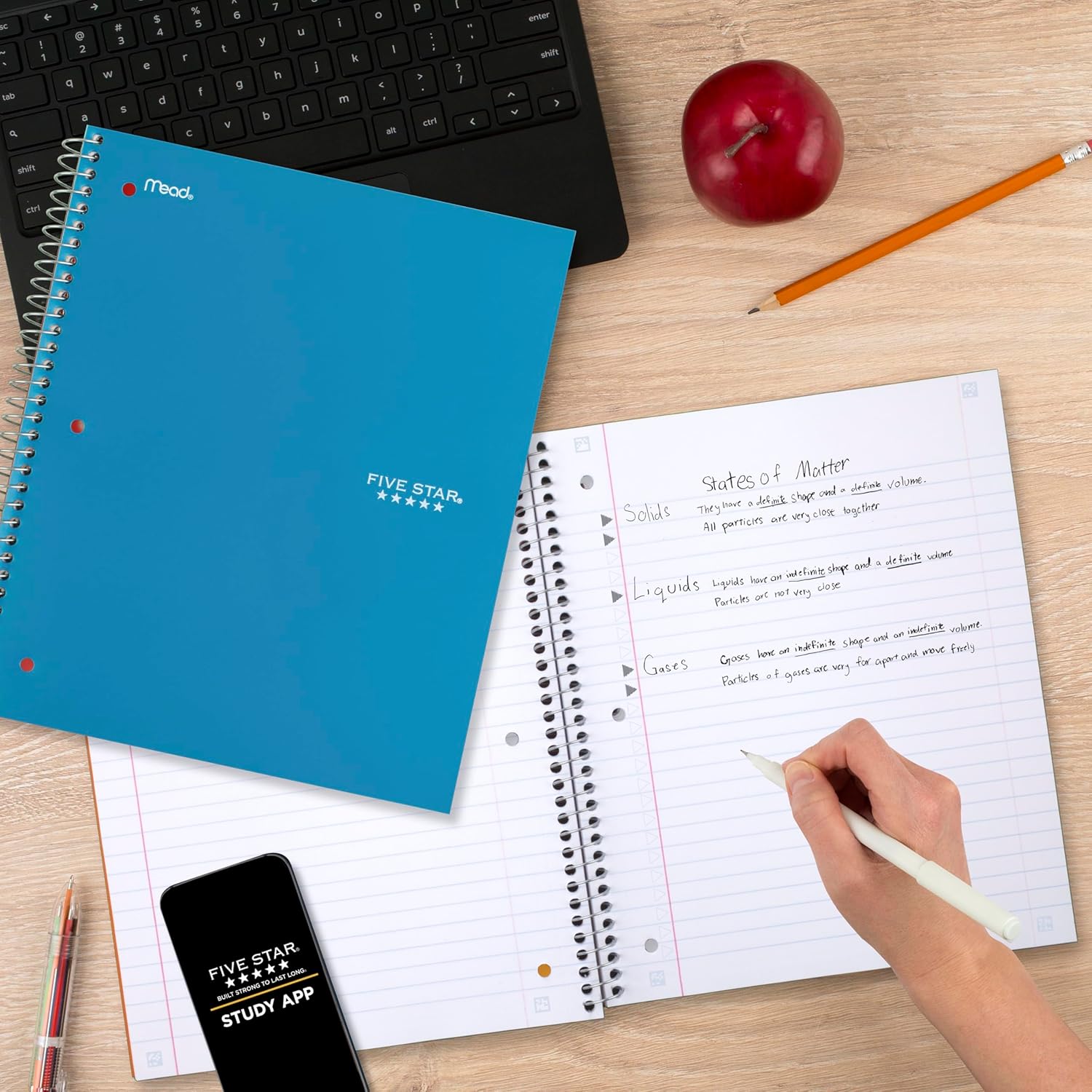 Five Star Spiral Notebook + Study App, 5 Subject, Wide Ruled Paper, 8" x 10-1/2", 200 Sheets, Fights Ink Bleed, Water Resistant Cover