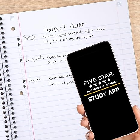 Five Star Spiral Notebook + Study App, 5 Subject, Wide Ruled Paper, 8" x 10-1/2", 200 Sheets, Fights Ink Bleed, Water Resistant Cover