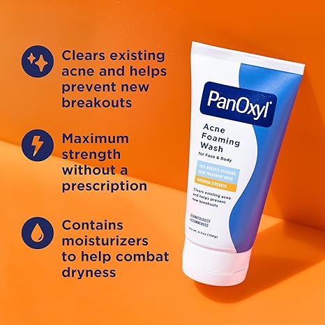 PanOxyl 10% Benzoyl Peroxide Acne Foaming Wash – Maximum Strength Face & Body Cleanser, 5.5 oz