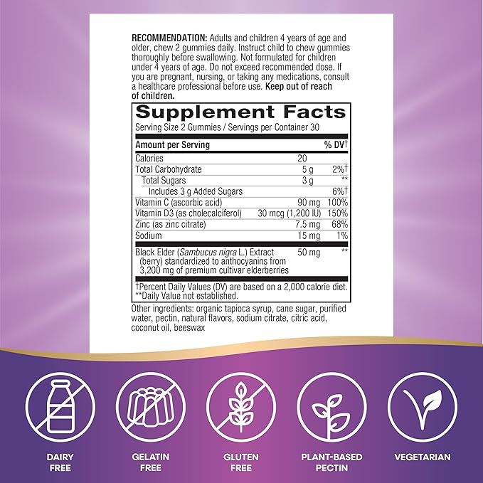 Nature’s Way Sambucus Elderberry Immune Support Gummies for Kids & Adults* with Black Elderberry Extract, Vitamin C, Vitamin D3, and Zinc, 60 Gummies