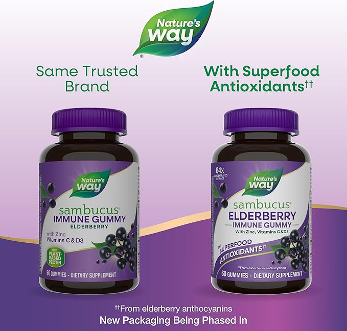 Nature’s Way Sambucus Elderberry Immune Support Gummies for Kids & Adults* with Black Elderberry Extract, Vitamin C, Vitamin D3, and Zinc, 60 Gummies