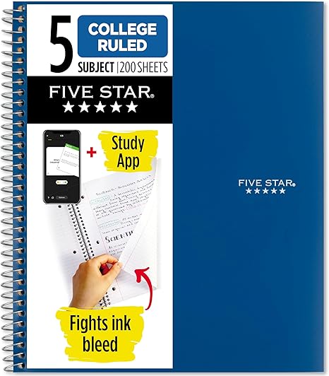 Five Star Spiral Notebook + Study App, 5 Subject, College Ruled Paper, 8-1/2" x 11", 200 Sheets, Fights Ink Bleed, Water Resistant Cover