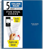 Five Star Spiral Notebook + Study App, 5 Subject, College Ruled Paper, 8-1/2" x 11", 200 Sheets, Fights Ink Bleed, Water Resistant Cover